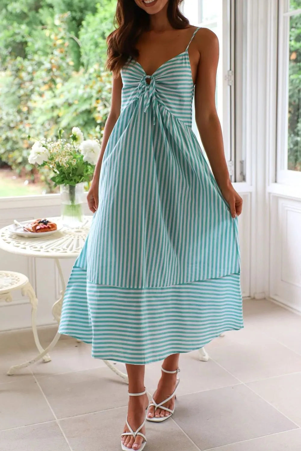 Smocked Back Striped Sleeveless Midi Dress