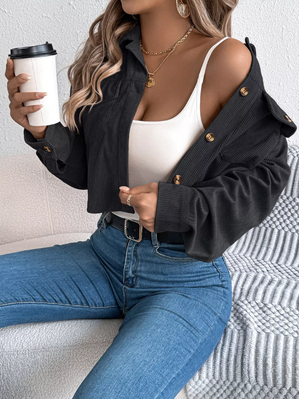 Corduroy Button-Up Dropped Shoulder Jacket