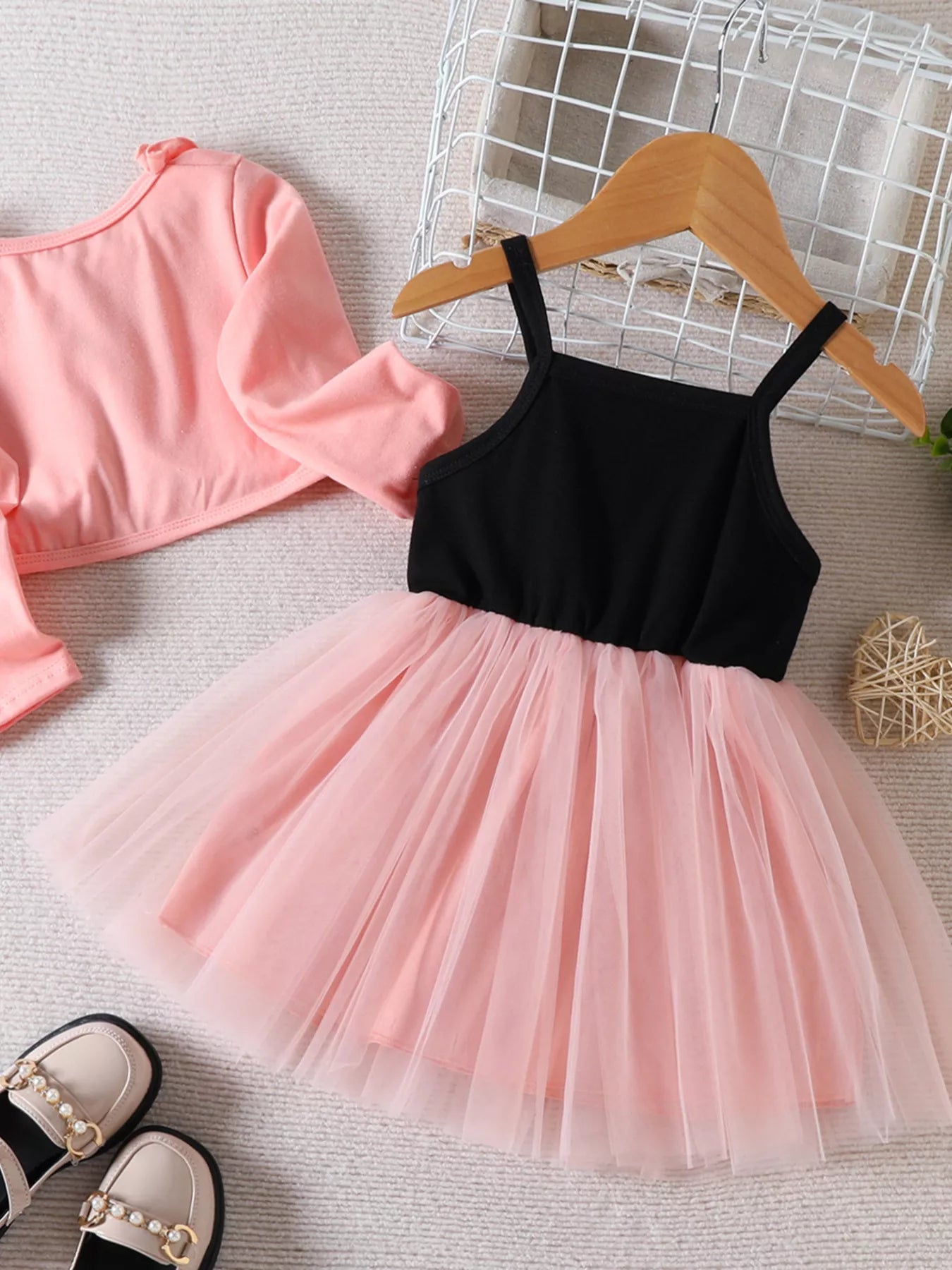 Children's Frill Cardigan and Rainbow Print Tulle Dress Set