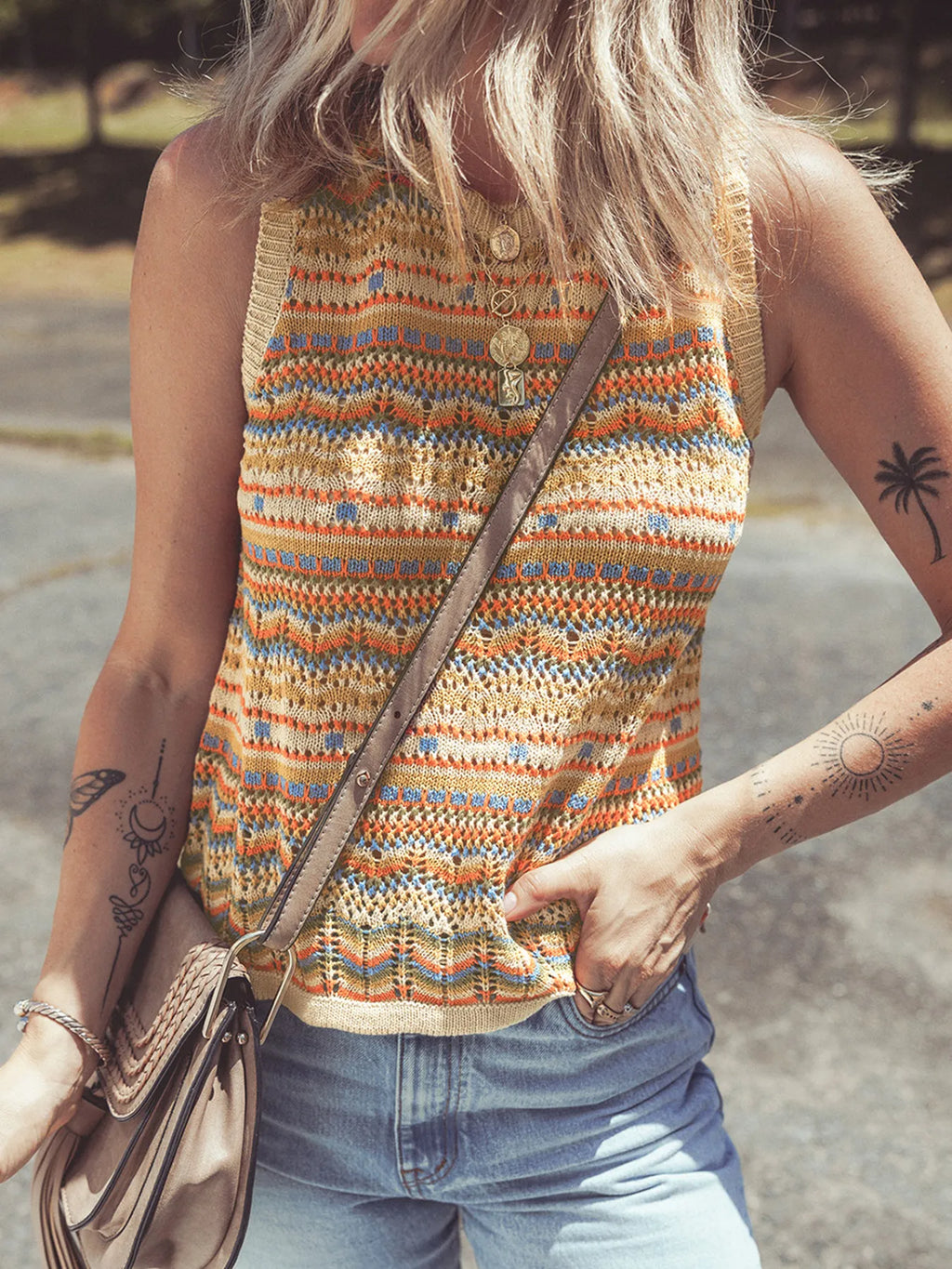 Stripe Eyelet Crochet Round Neck Sweater Vest