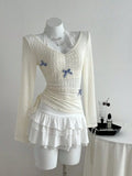 Bow Lace Detail V-Neck T-Shirt