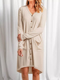 Casual Button-Down Long Sleeve Pocket Dress