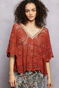 POL V-Neck Crochet Top with Scalloped Hem