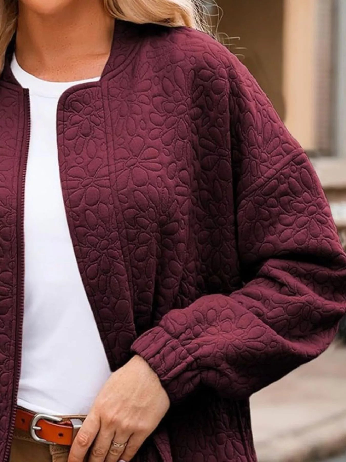 Full Size Floral Quilted Zip Up Jacket Plus Size