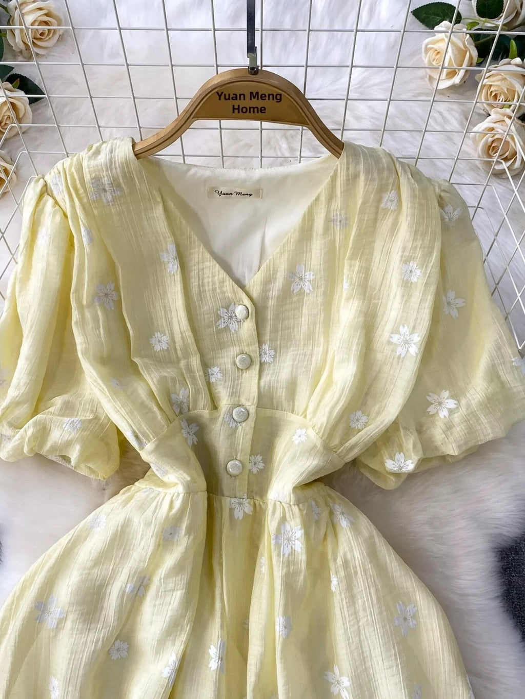 Floral Puff Sleeve A-Line Midi Dress