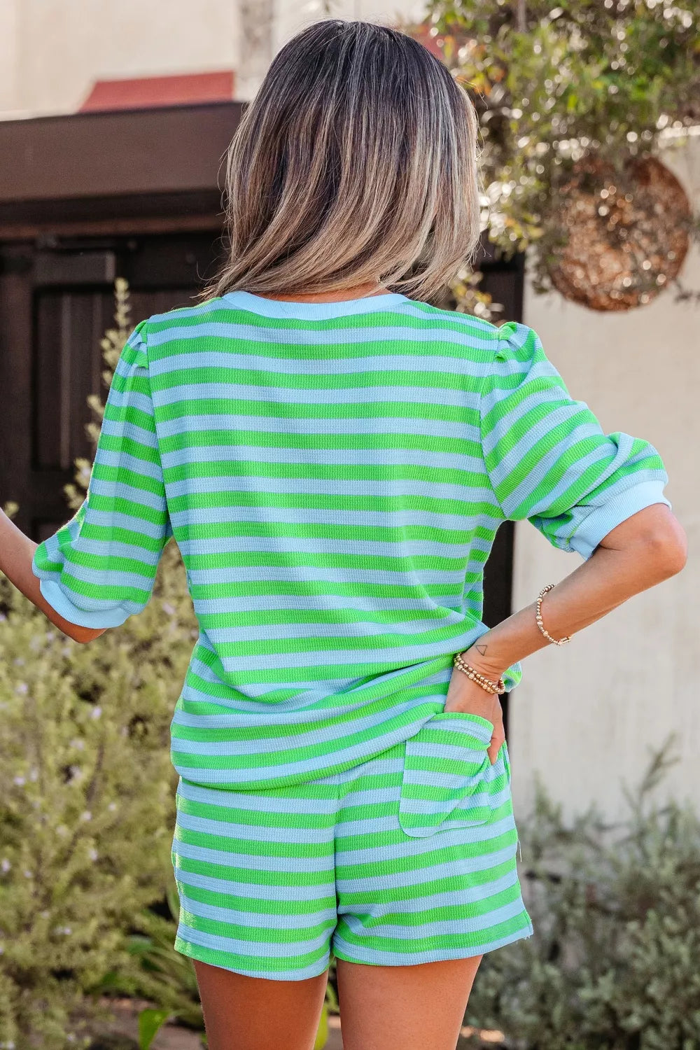Stripe Colorblock Detail Puff Sleeve Top Drawstring Shorts 2pcs Outfit