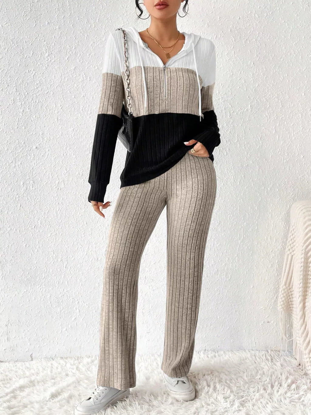 Color Block Half Zip Hooded Top and Pants Set