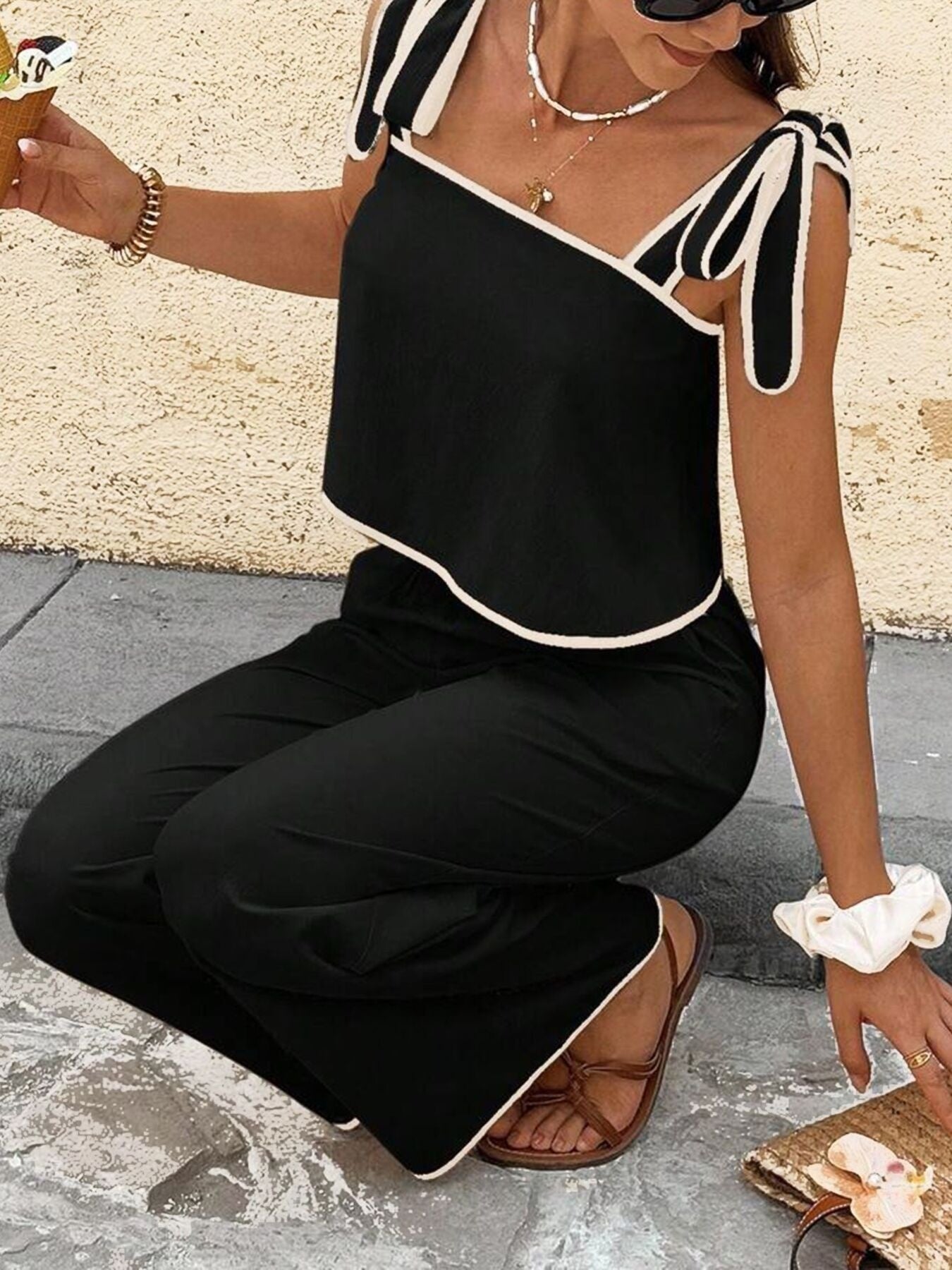 Tie Shoulder Cami and Wide Leg Pants Set