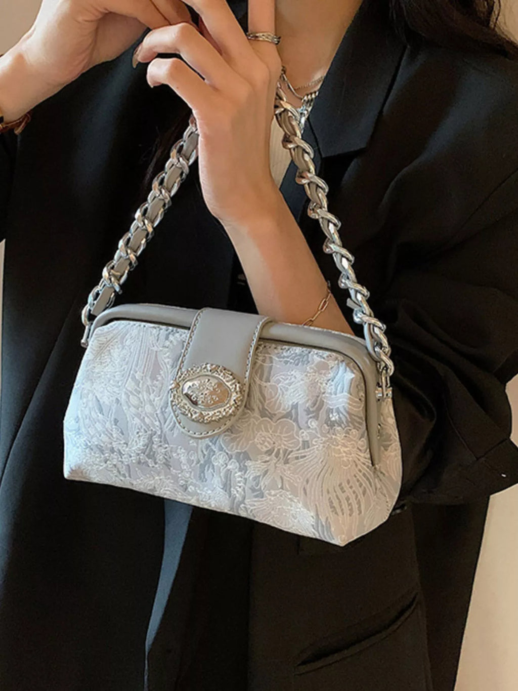 Embroidered Chain Crossbody Bag