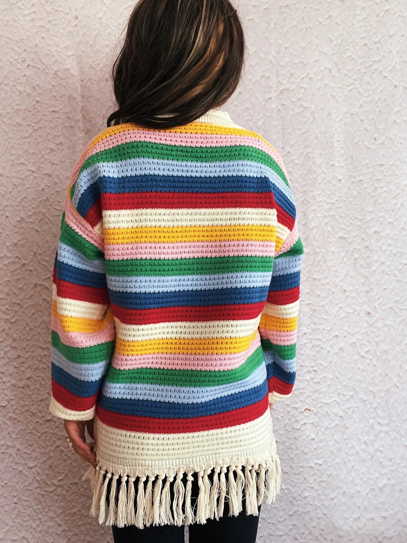 Tassel Rainbow Striped Long Sleeve Sweater