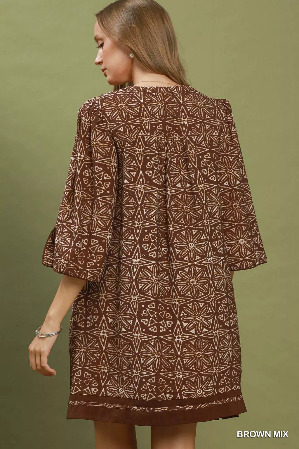Umgee Mix Geometric Print V-Neck Tassel Detail Tunic Dress