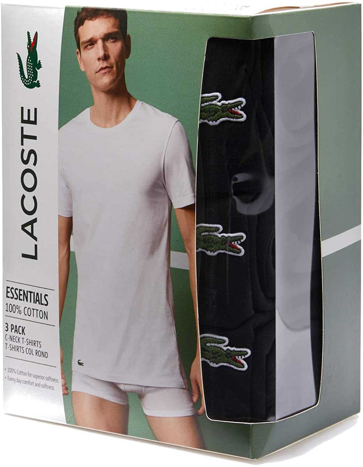 Lacoste Men's Essentials 3 Pack 100% Cotton Regular Fit Crew Neck T-Shirts