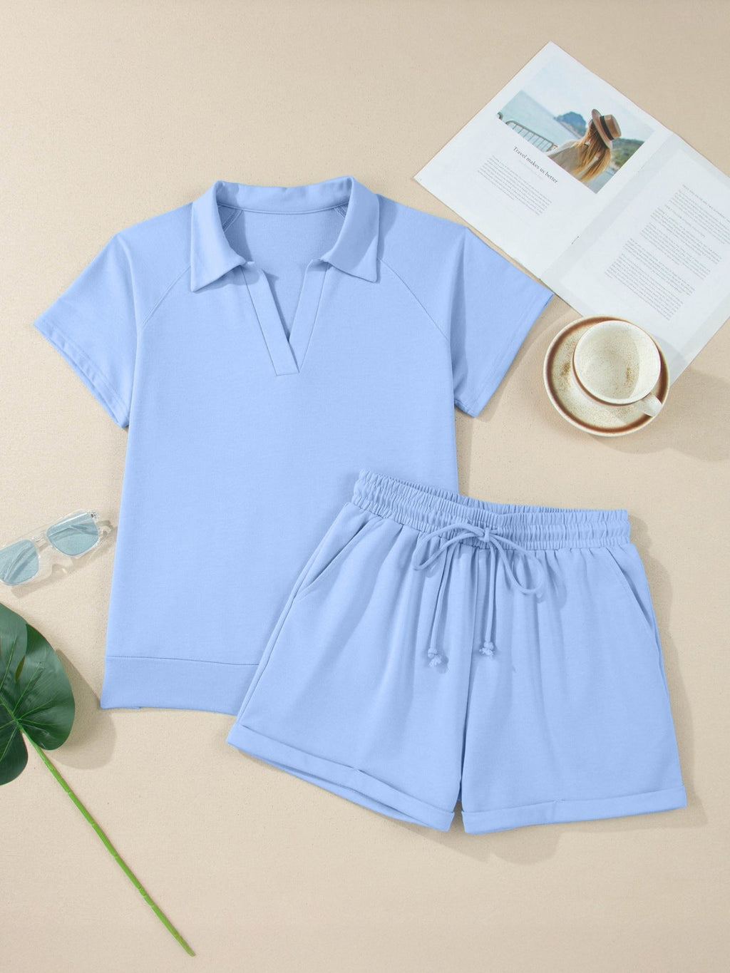 Collared V Neck Tee Drawstring Elastic Waist Shorts 2pcs Outfit