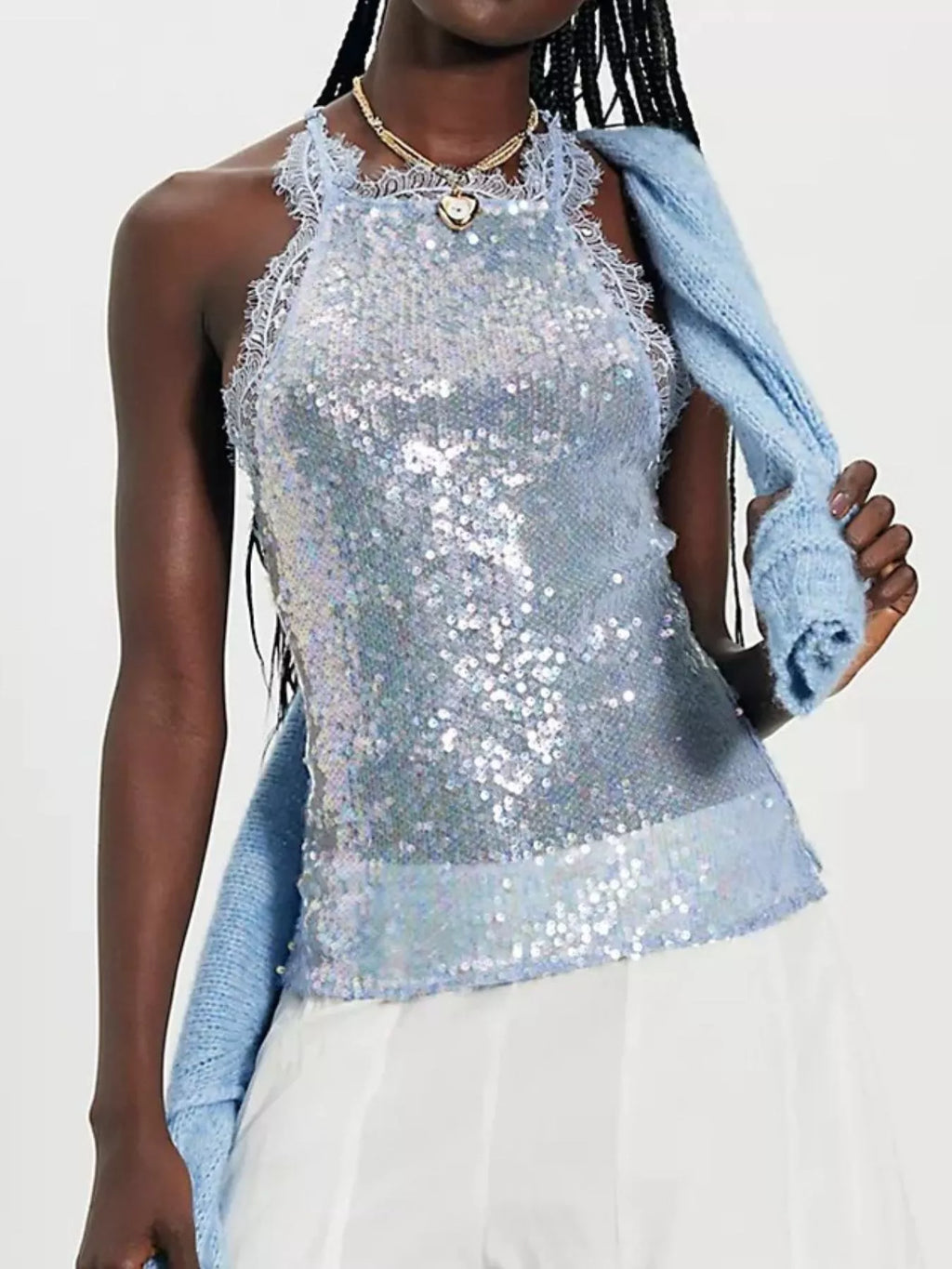 Sequin Lace Trim Halter Neck Cami