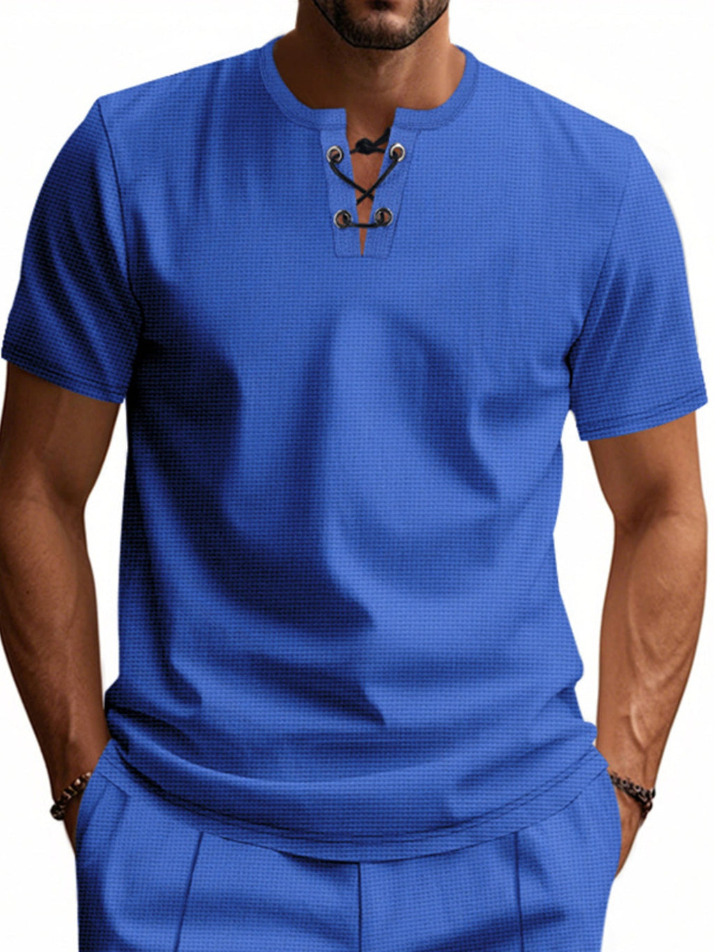 Men's Full Size Lace-Up Neck T-Shirt Plus Size