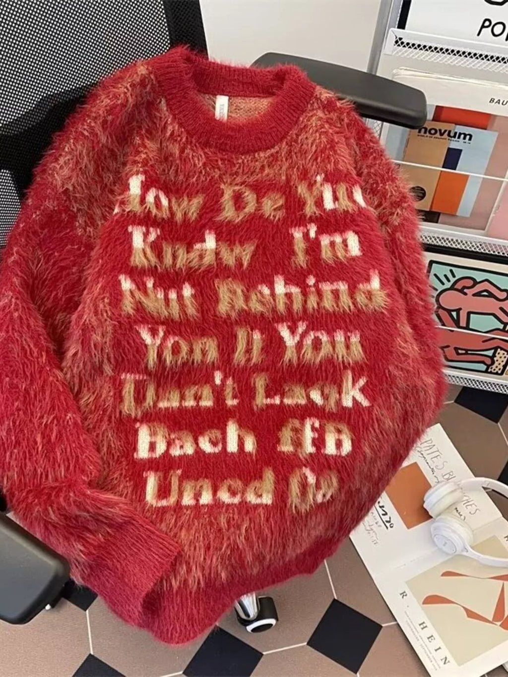 Men's Letter Fuzzy Round Neck Sweater