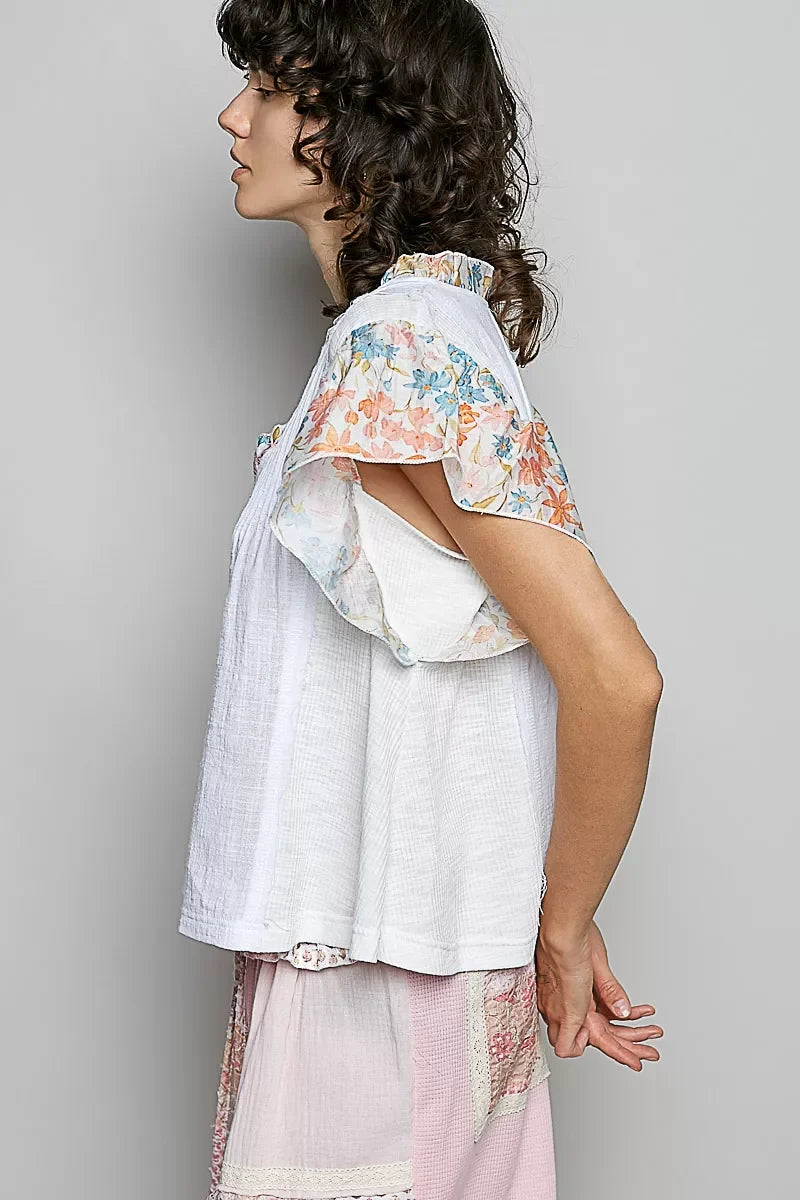POL V-Neck Floral Ruffle Sleeve Blouse