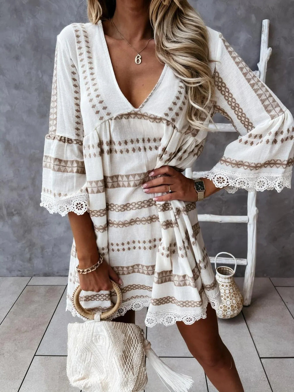 V-Neck Lace Trim Striped Babydoll Dress