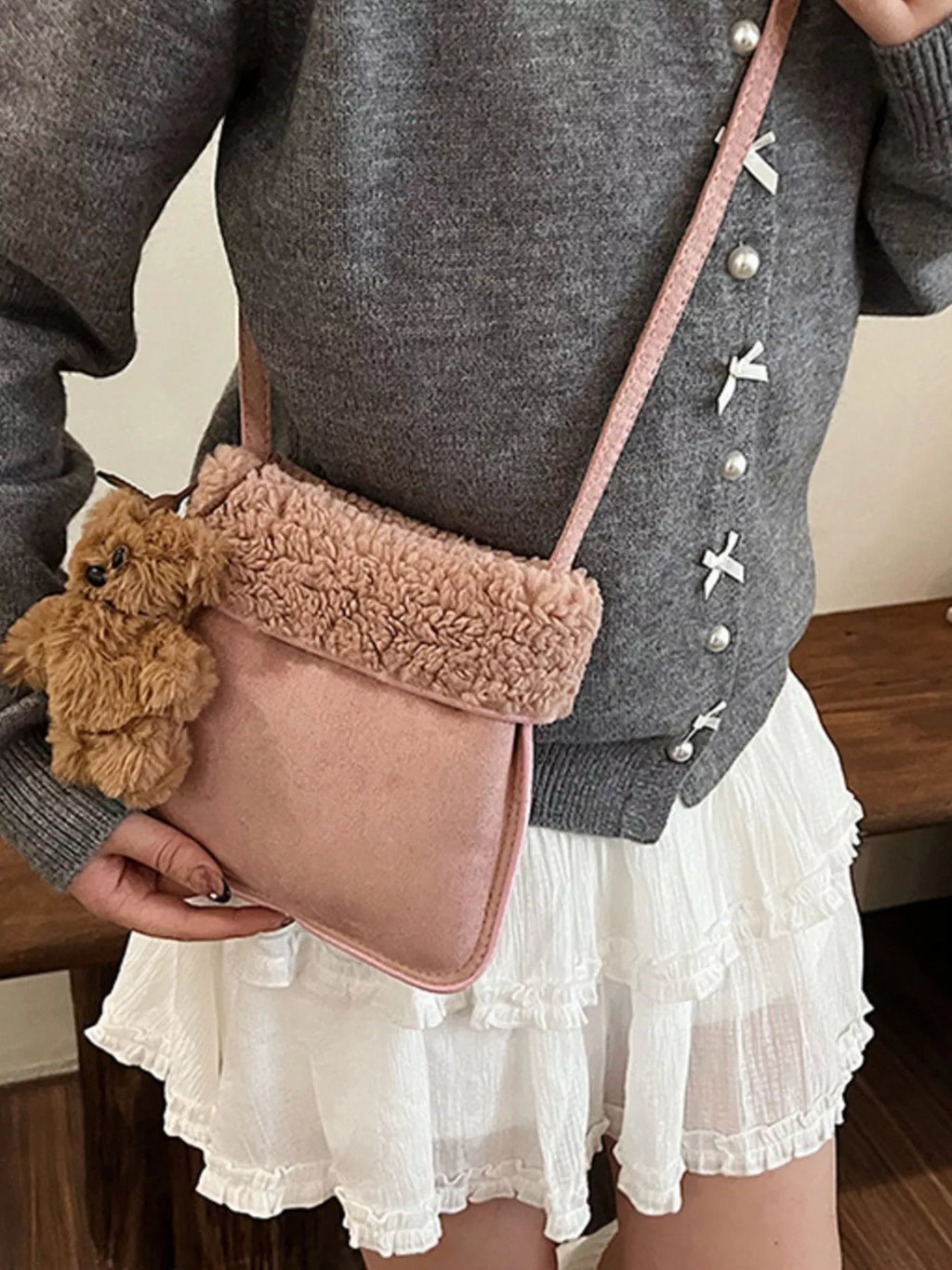Teddy Bear Charm Plush Trim Crossbody Bag