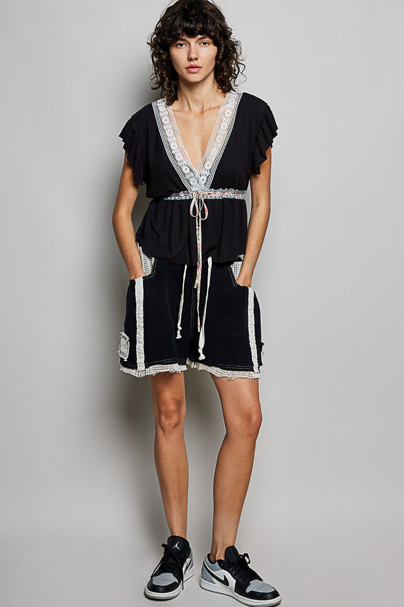 POL Tied Ruffled V-Neck Short Sleeve Blouse with Lace Detail
