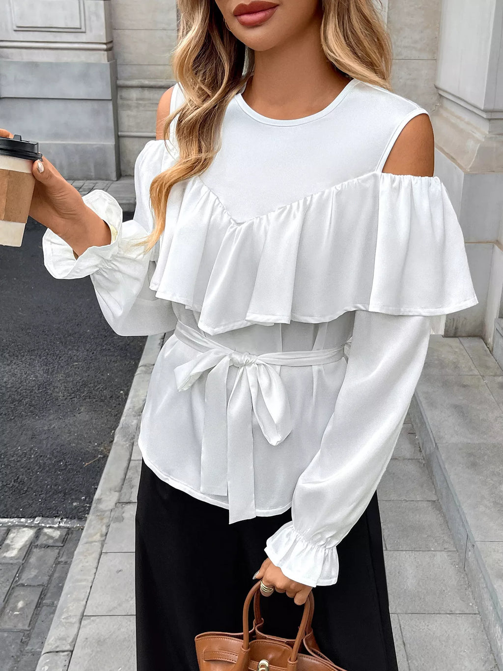Ruffled Cold Shoulder Flounce Sleeve Blouse