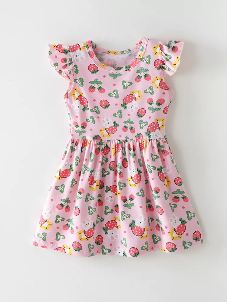 Children's Strawberry Print Ruffle Sleeve Dress