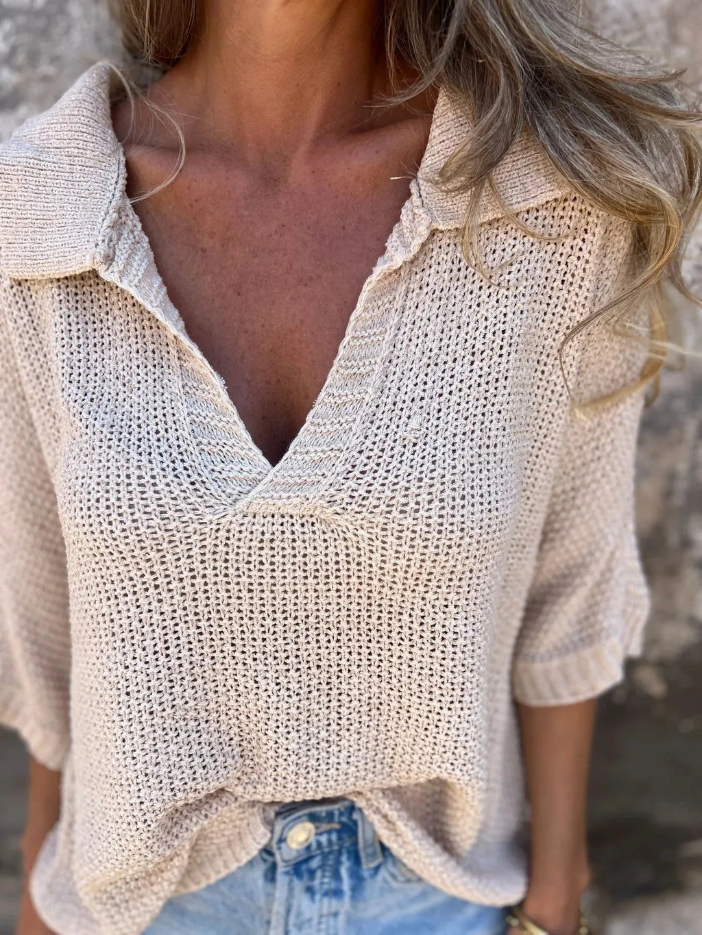 Full Size Johnny Collar Loose Knit Sweater Plus Size