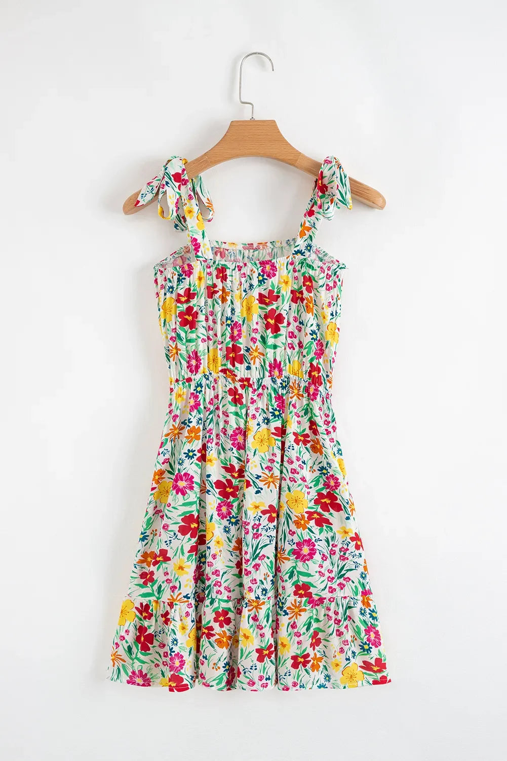 Floral Knotted Straps Cinched Waist Ruffle Hem Mini Dress