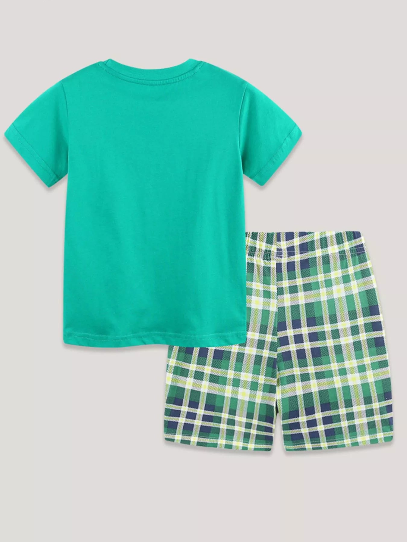 Children's Playful Vehicle Print T-shirt and Plaid Shorts Set