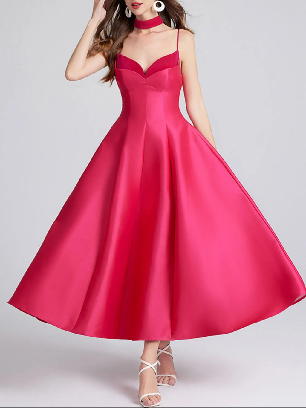 Sweetheart Spaghetti Strap Midi Dress with Collar