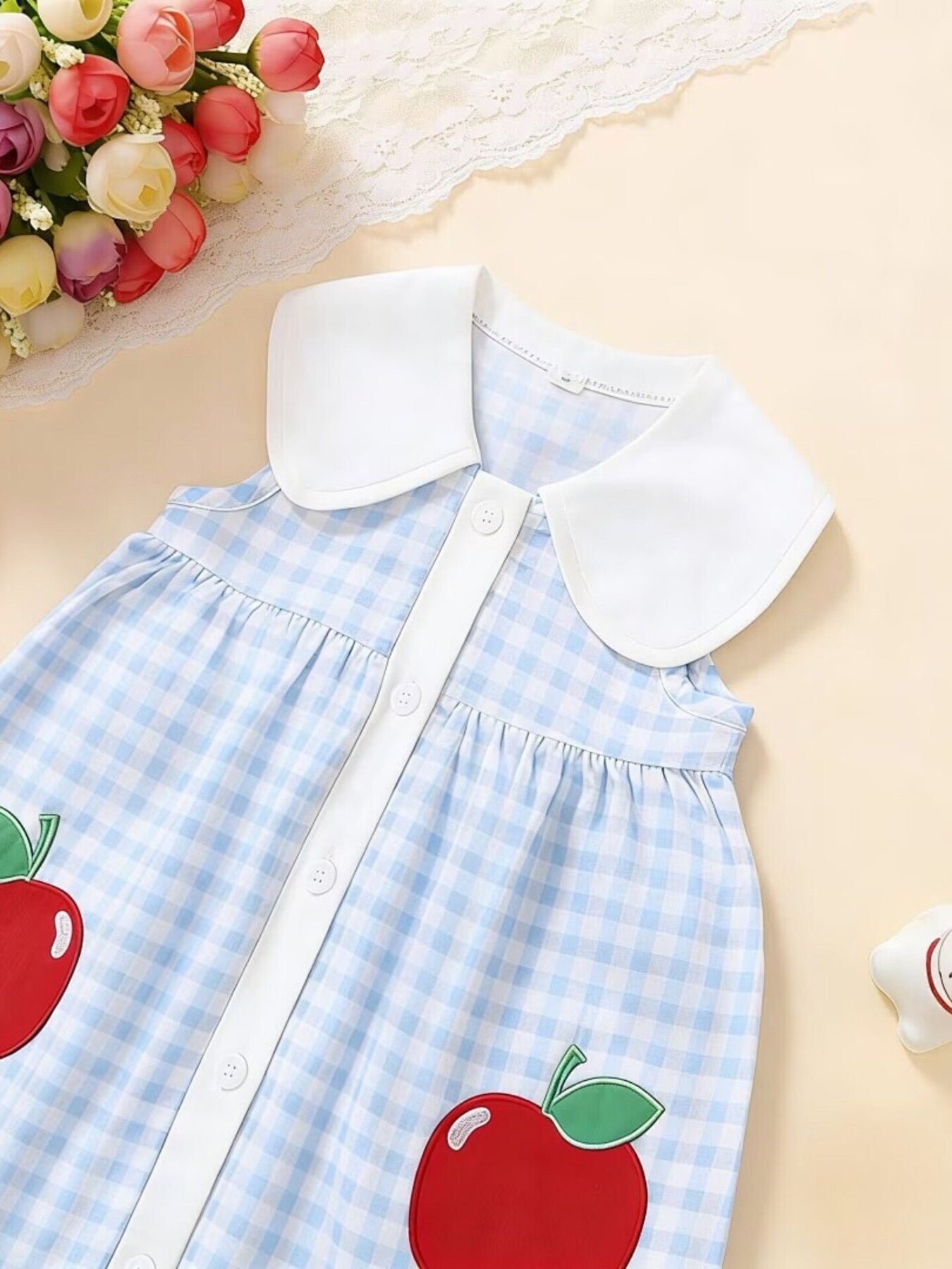 Children's Fruit Embroidered Sleeveless Plaid Dress