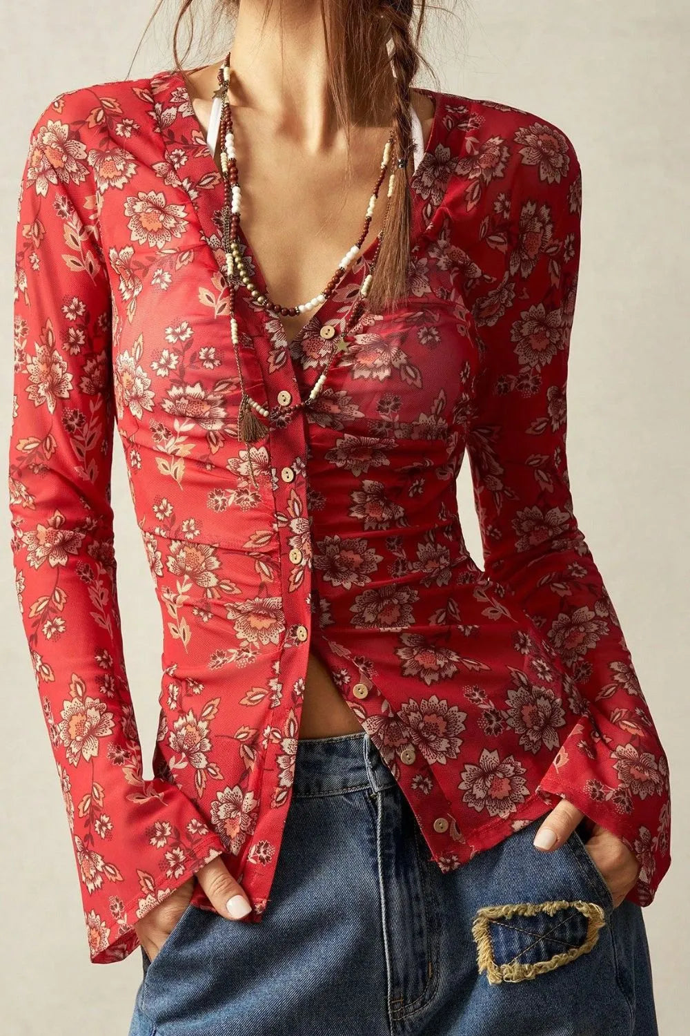 Floral  Button-Front Shirt with Bell Sleeves