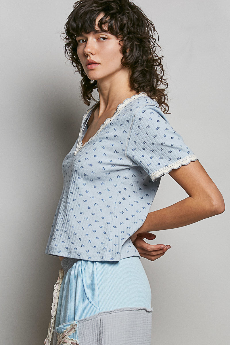 POL Floral V-Neck Short Sleeve Rib T-Shirt