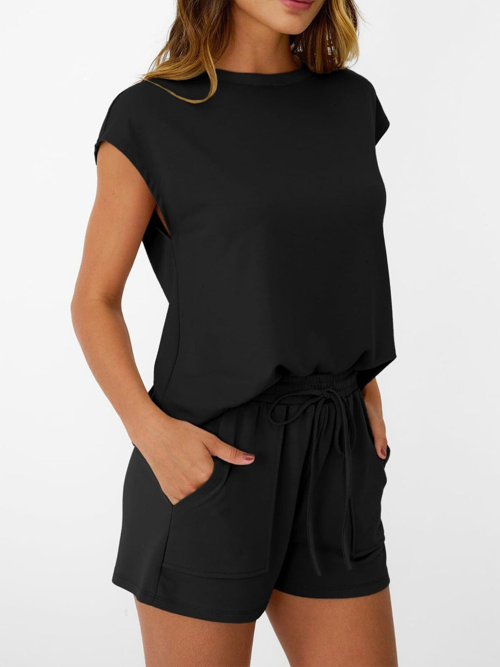 Round Neck Cap Sleeve Top and Shorts Set