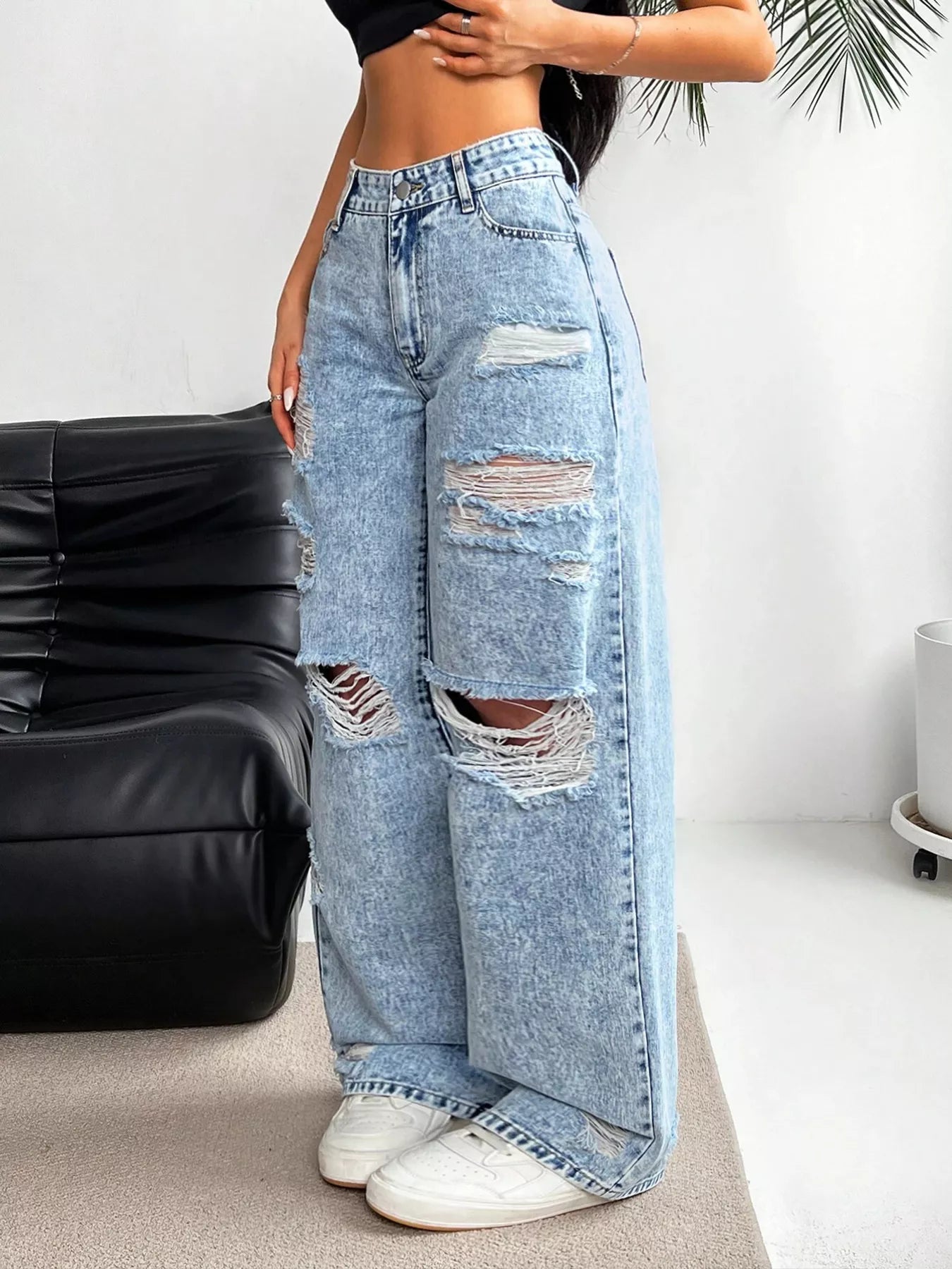 Distressed Wide-Leg Jeans