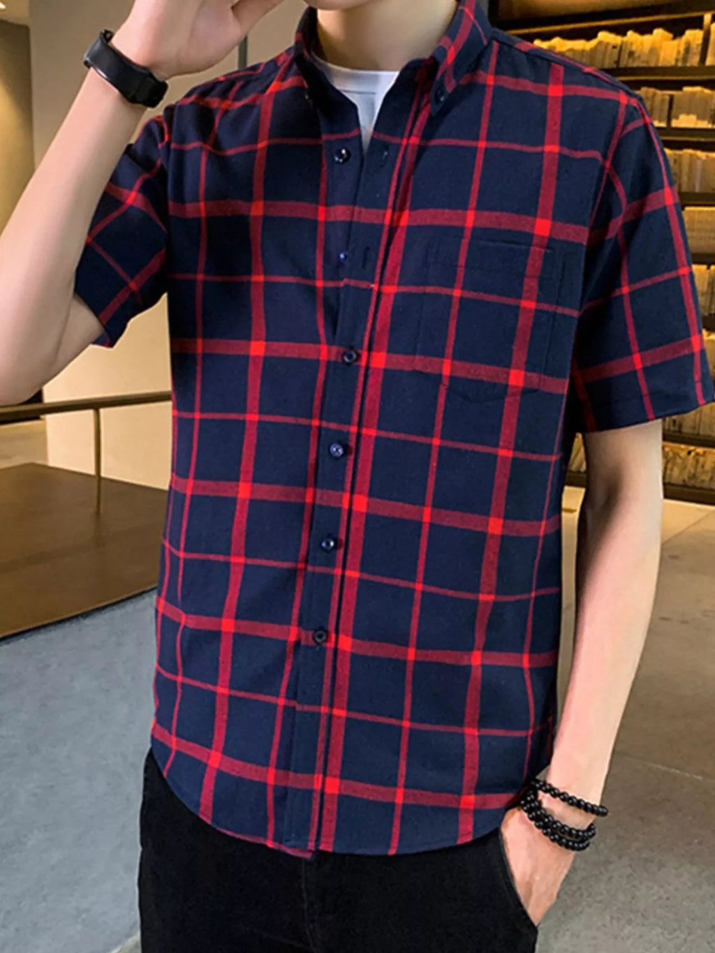 Men's Plus Size Casual Plaid Short Sleeve Shirt