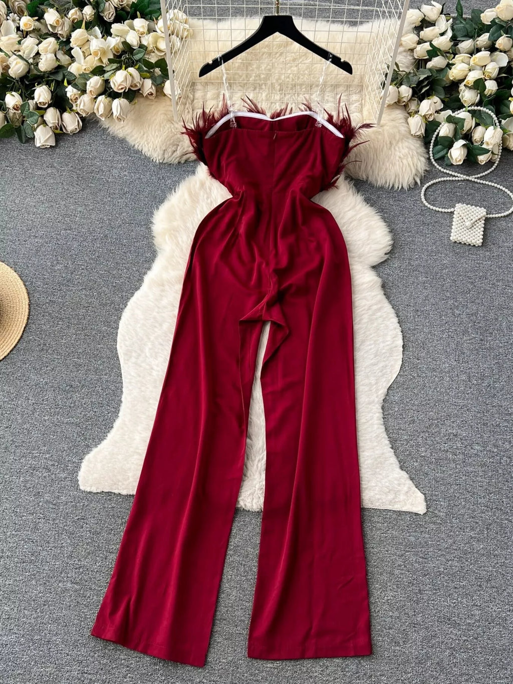 Feather Trim Strapless Wide Leg Jumpsuit