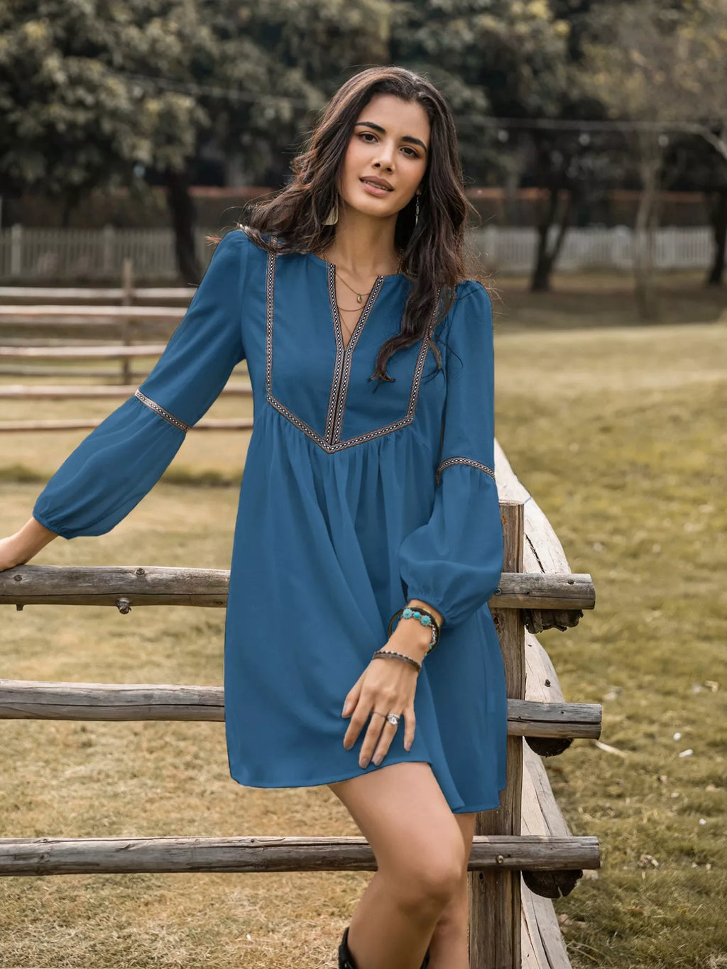 Notched Balloon Sleeve Mini Dress