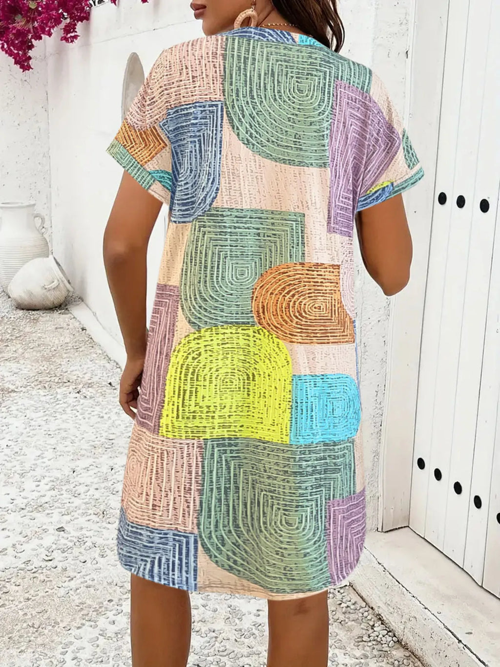 Geometric V-Neck Short Sleeve Button-Front Dress