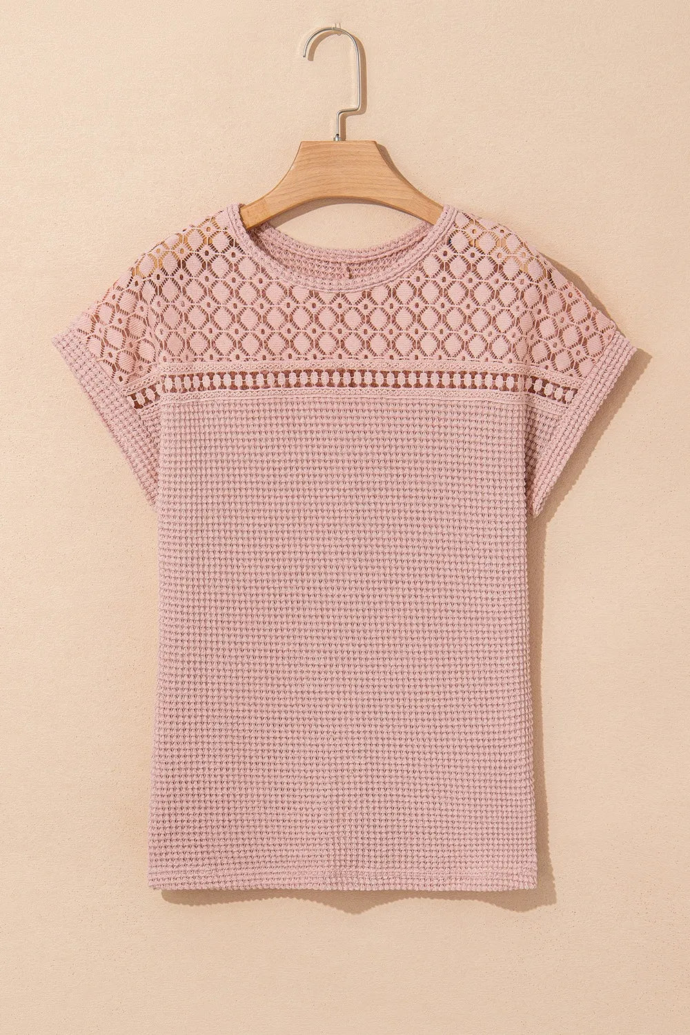 Lace Patchwork Waffle Short Sleeve Knit Top