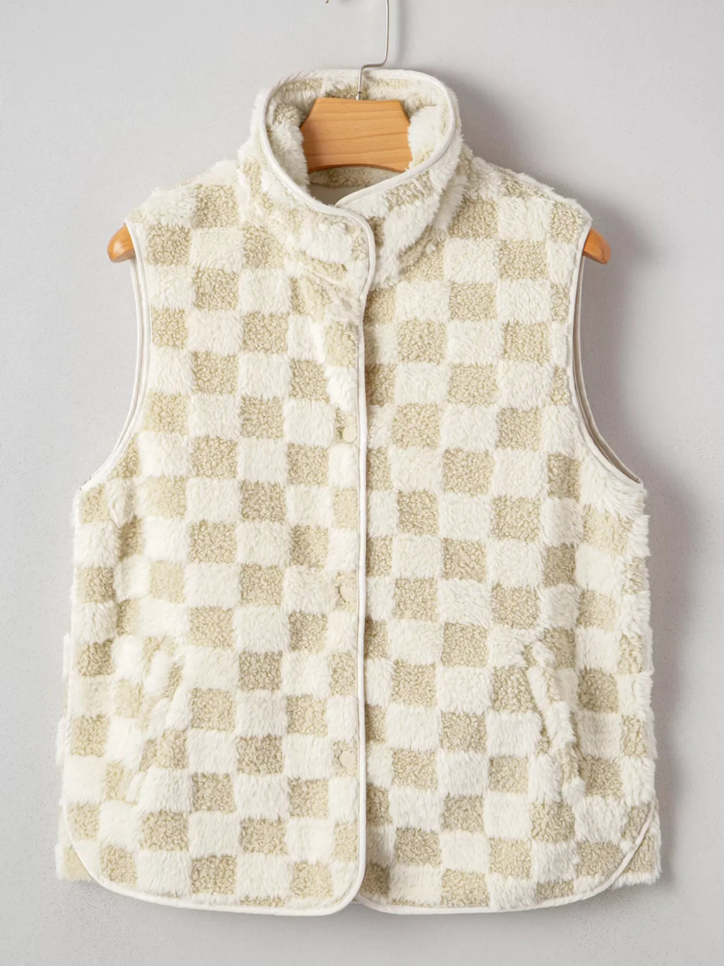Sherpa Checkerboard Snap Button Vest Coat with Pocket