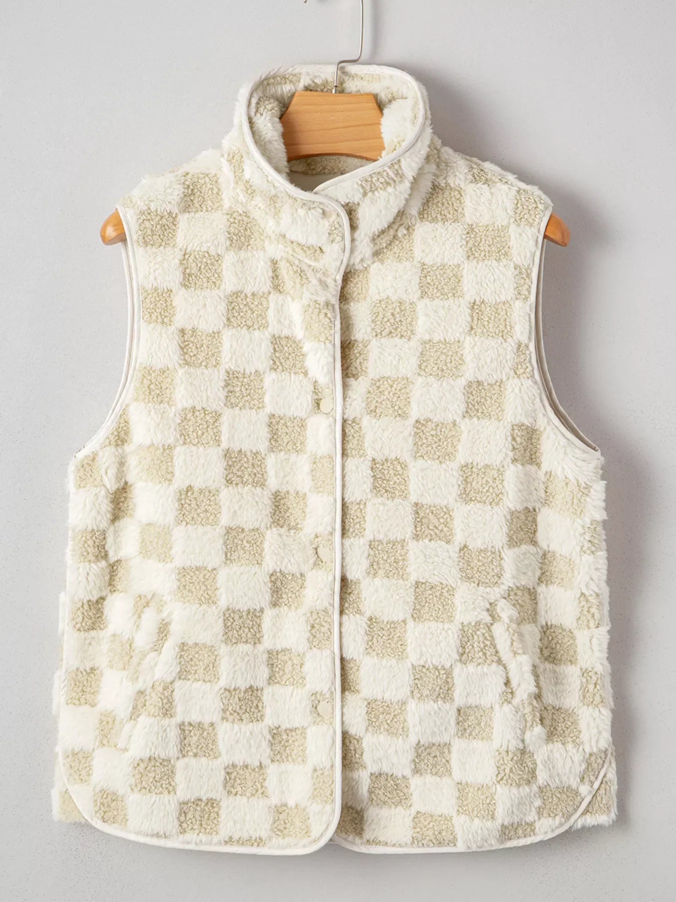 Sherpa Checkerboard Snap Button Vest Coat with Pocket