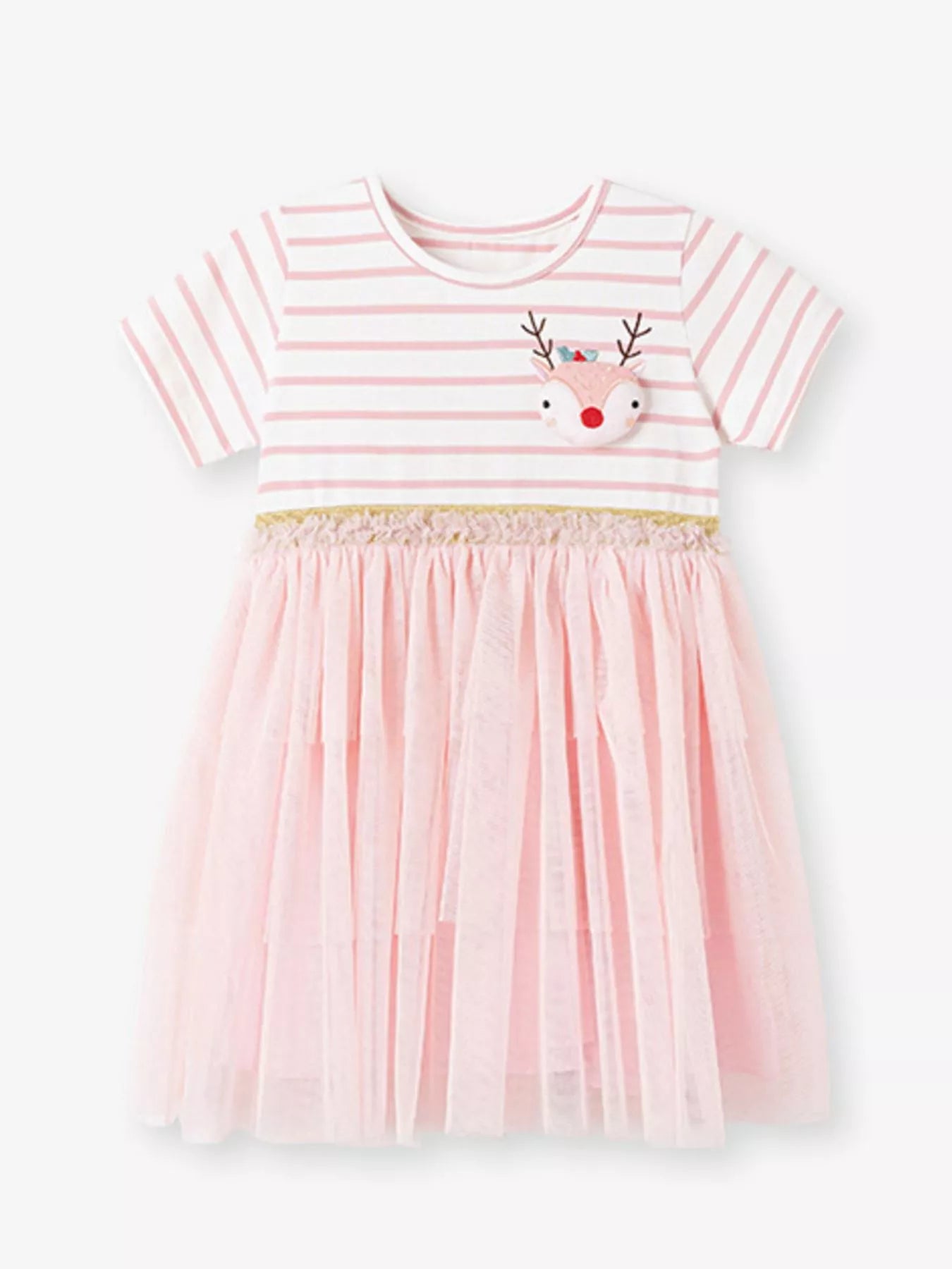 Children's Striped Tulle Dress with Reindeer Applique