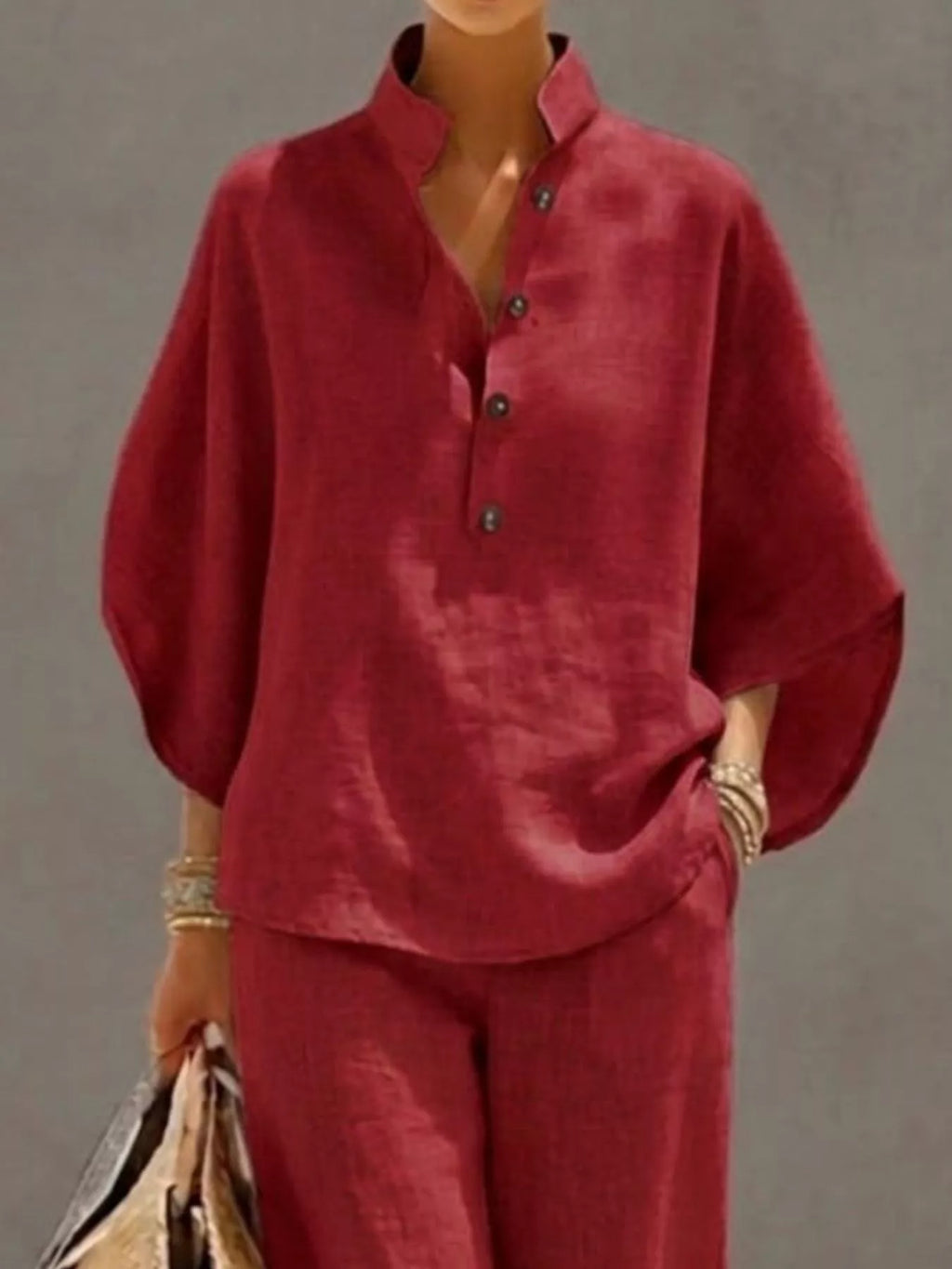 Full Size Button Detail 3/4 Sleeve Top and Pants Set Plus Size