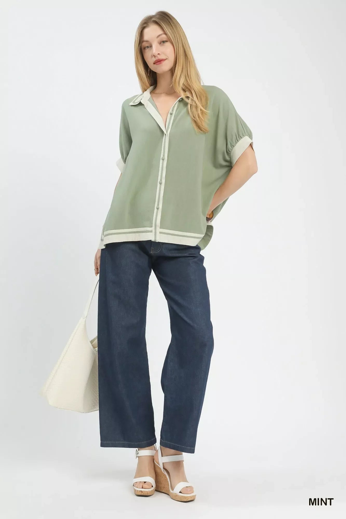 Umgee Linen Button Front Top with Contrast Piping