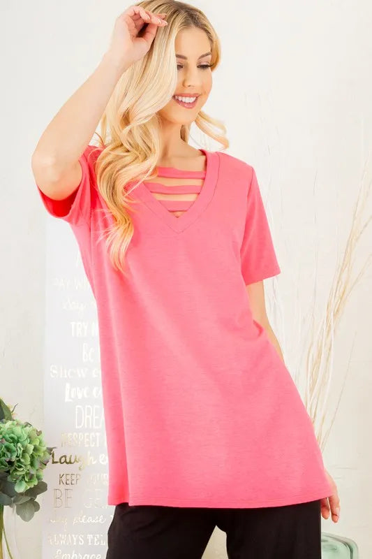 Heimish Full Size V-Neck Short Sleeve T-Shirt with Bar Detail Plus Size