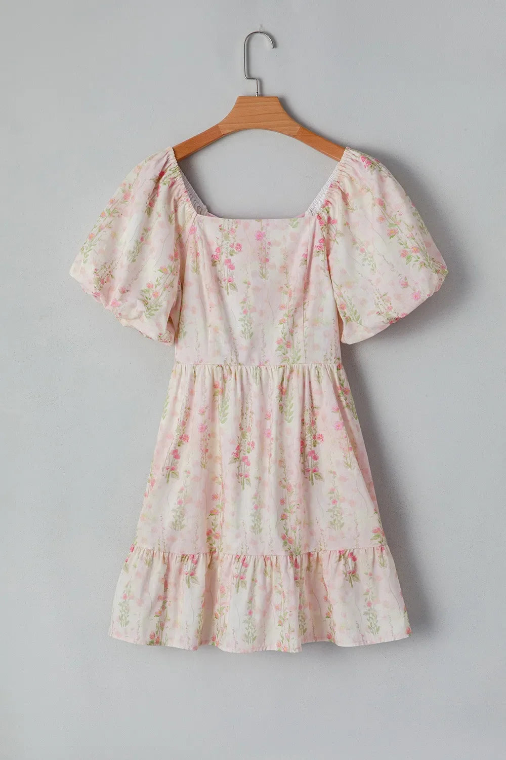 Floral Puff Sleeve Square Neck Knotted Open Back Ruffled Mini Dress