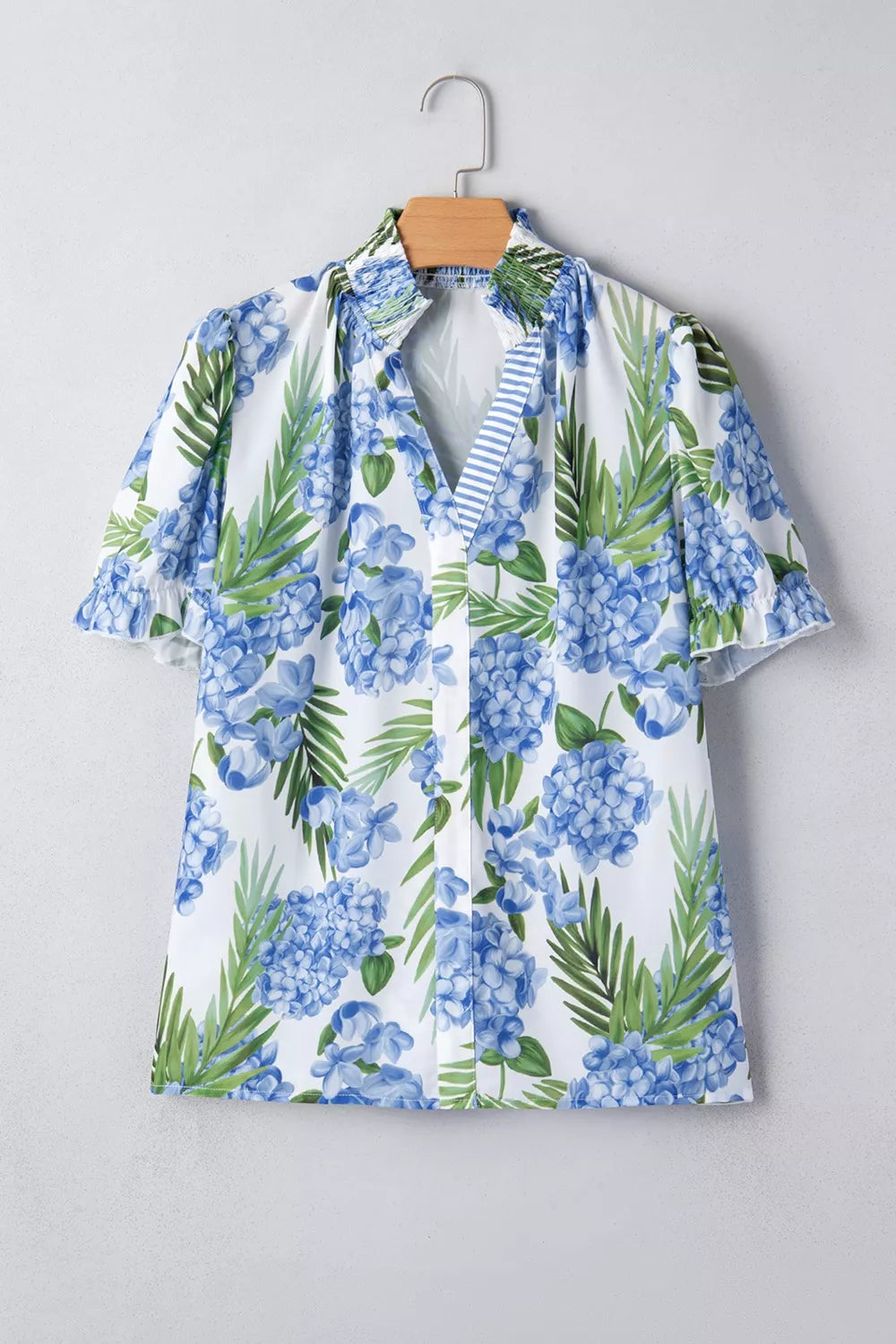 Palm Floral Print Striped Patchwork V Neck Short Sleeve Blouse