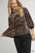 Umgee Leopard Round Neck Three-Quarter Sleeve Blouse