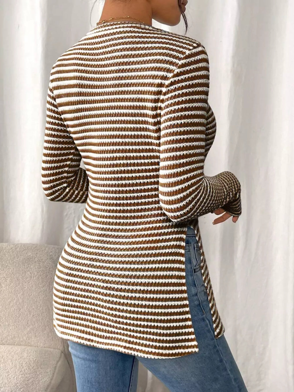 Slit Striped Long Sleeve Casual T-Shirt